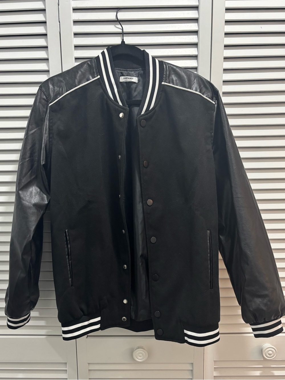 Women’s Black Varsity Bomber Jacket with Striped Trim (Small)